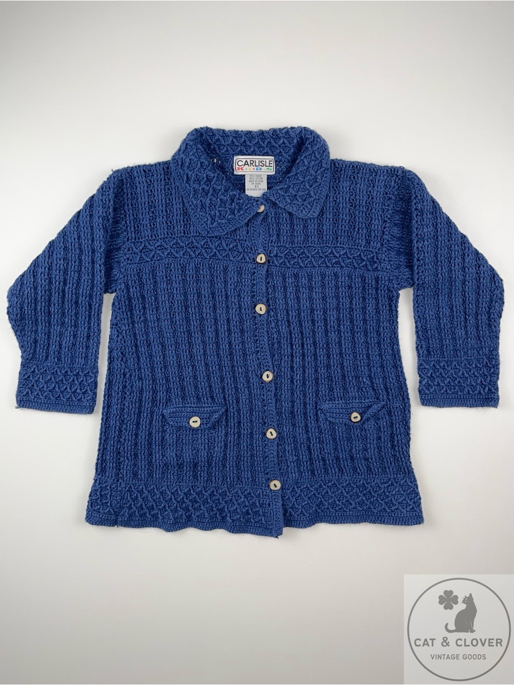 Carlisle Kids 90s Blue Ramie Cotton Knit Button Down Vintage Cardigan Sweater XS